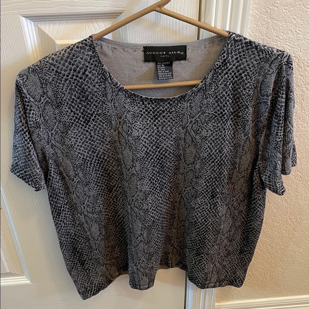 August Silk Black Animal Print Silk Short Sleeve Top XL